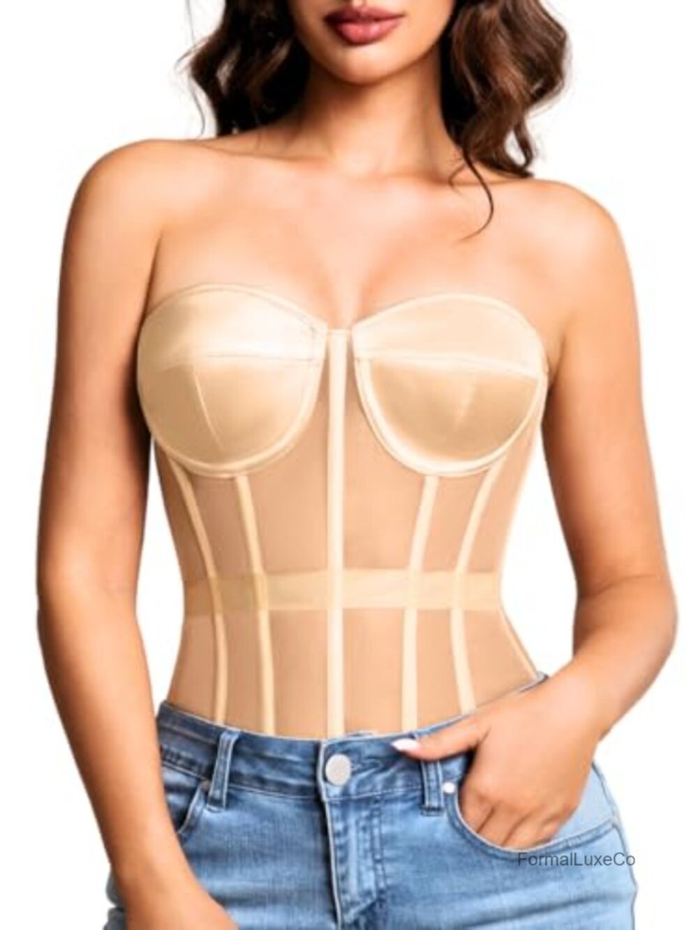 Strapless Mesh Corset Top Padded Lace-Up Bustier